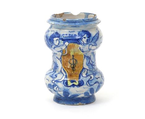 An Italian maiolica small albarello or pill jar, painted with an ochre panel bearing a caduceus, flanked by two putti, the re