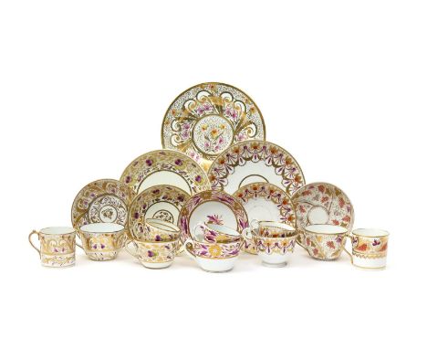 Three Miles Mason porcelain trios  c.1805, comprising a teacup, coffee can and saucer, decorated in patterns 422, 488 and 611