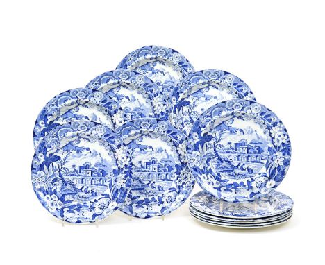 A set of twelve Don Pottery transferware plates  c.1830, printed with figures at rest before a walled palace, the rims with t