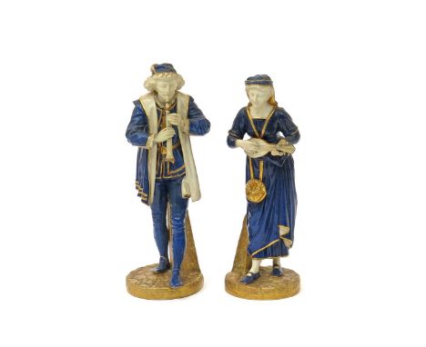 A pair of Royal Worcester figures of the Italian Musicians  date codes for 1920, he with a flageolet, she playing the lute, w