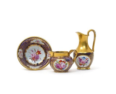 A rare C J Mason's Ironstone miniature jug and basin   c.1820, and a miniature ewer, all painted with panels of polychrome fl