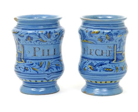 A pair of Italian maiolica small albarelli or pill jars  mid 18th century, the waisted forms inscribed 'PILL EUFORBIO' and ' 