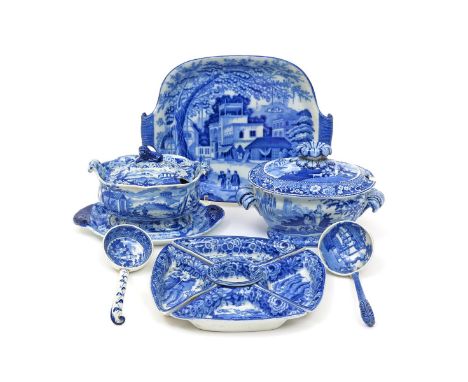 Two blue and white transferware sauce tureens and covers  19th century, one Don Pottery with a matching stand, printed with a