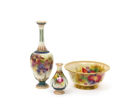 Two Royal Worcester vases and a bowl  date codes for 1902, 1910 and 1938, one vase of Hadley Ware type with a tall narrow nec