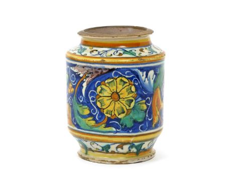A Venetian maiolica albarello  c.1560-80, the squat cylindrical form decorated with a wide band of yellow flowerheads picked 