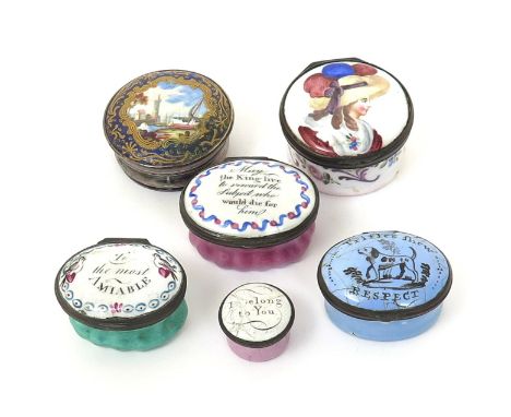 Five Staffordshire enamel patch boxes  late 18th century, one inscribed 'To the most Amiable', one 'Trifles shew Respect', on