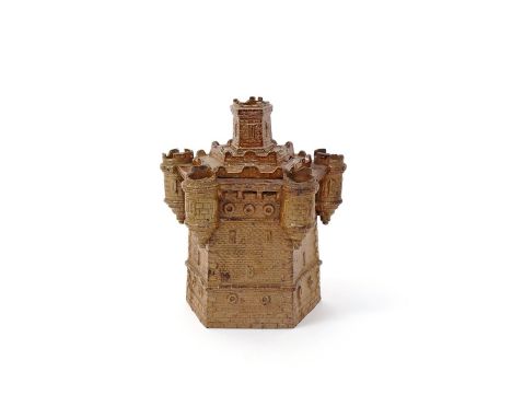 An unusual brown stoneware jar and cover  19th century, of pentagonal form, modelled as a castle tower with five turrets to t