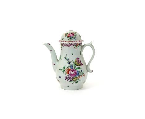 A small Worcester coffee pot and cover  c.1760, painted with polychrome sprays of flowers and smaller scattered sprigs, with 