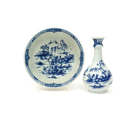 A Worcester blue and white water bottle or guglet and basin  c.1760-65, each painted with the Willow Bridge Fisherman pattern