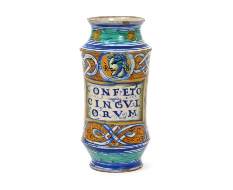 An Italian maiolica albarello  mid 16th century, attributed to Pesaro, inscribed in blue with 'Confet o cingul orum' on a wid