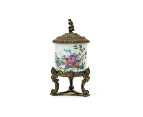 A French porcelain ormolu-mounted toilet pot and cover  18th century, painted in the Sèvres manner with a sheep wearing a blu