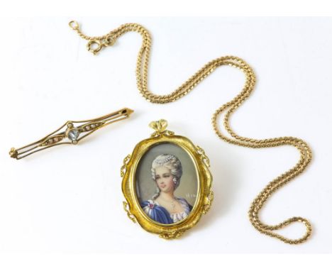 A stamped 18ct yellow gold brooch locket with an portrait of a woman wearing diamond jewellery, on a stamped 9ct yellow gold 