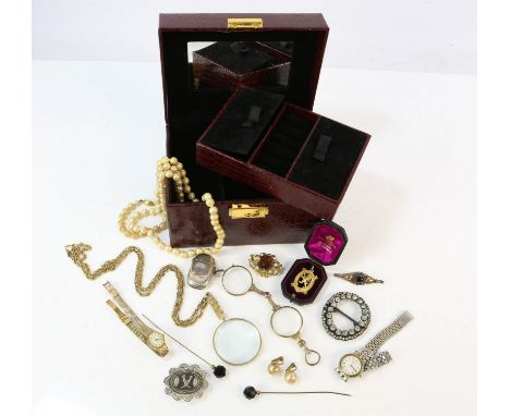 A collection of silver and costume jewellery including two ladies Rotary watches, faux pearls, opera glasses and other items