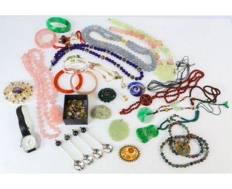 A large group of costume jewellery including hard gemstone beaded jewellery, including some rose quartz items, some jade item