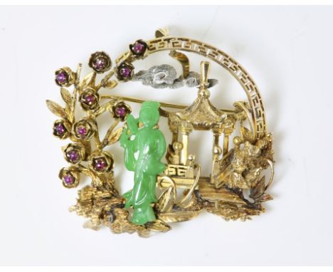 An East Asian themed pendant brooch, set with a jade figure and ruby set flowers, mounted in yellow metal stamped as 14ct, me