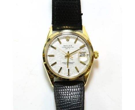Rolex a reference 15505 gentlemen's Oyster Perpetual Date wristwatch, the signed silver tapestry dial with gold baton hour ma