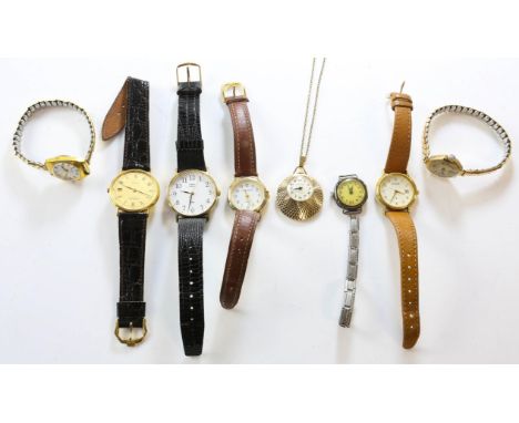 A selection of watches, including a Raymond Weil gold plated wristwatch, with a round dial with Roman numerals and a date ape