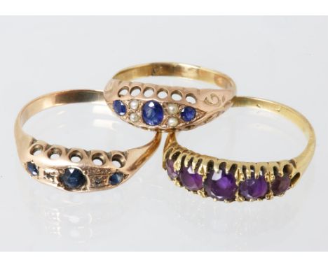 Three gem set rings, including an amethyst and diamond five stone ring, set in tested 18ct, ring size P, a three stone sapphi