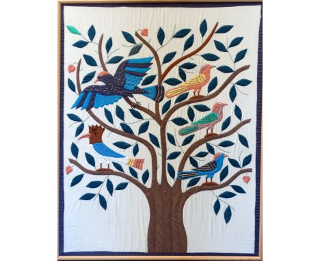 A 20th century fabric panel - decorated with birds and tree of life on a cream ground, 111 x 88cm.
