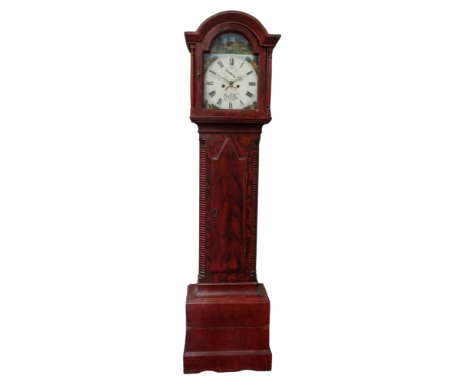 J Hodge of Helston eight day longcase clock - the arched white painted dial with bucolic vignettes, set out in Roman numerals