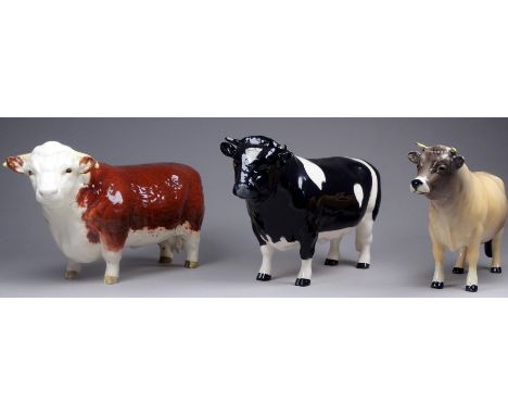 A Beswick model of a Jersey bull - CH Dunsley Coyboy, maker's mark and name to underside, height 11cm, together with two furt