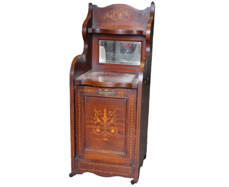 An Edwardian mahogany and chequer banded perdonium - the raised back incorporating a shelf and mirror above a hinged panel fr