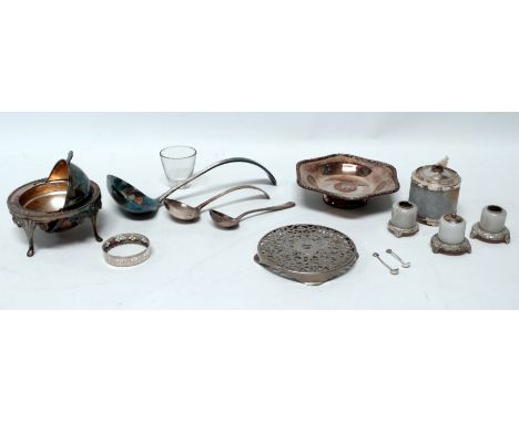 A quantity of silver plated wares - including a soup ladle, a white metal mounted and marble cruet set, together with a simil