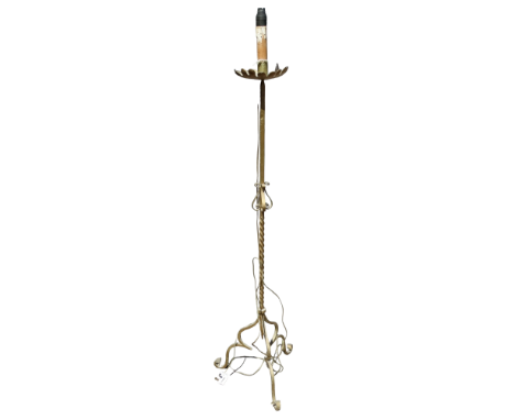 An early 20th century wrought steel standard lamp - gilt painted, height 151cm.