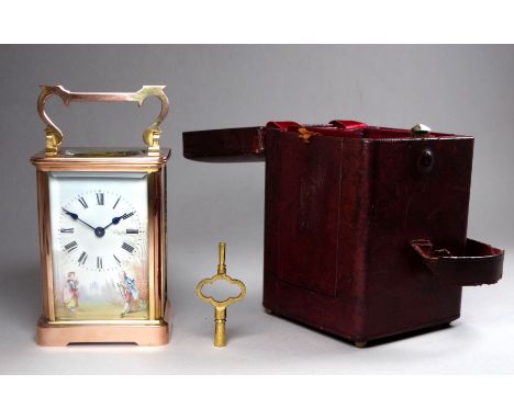 An early 20th century carriage timepiece - the corniche fitted with ceramic panels and dial depicting bucolic scenes with fig