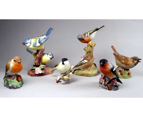 A Royal Worcester bird group - chaffinches on a branch, height 14cm, together with five further Worcester bird groups (6).