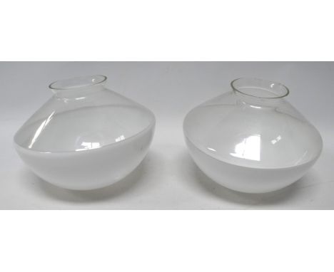 A pair of white opaque glass dome shaped lamp shades - diameter 24cm.