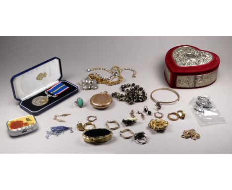 A small quantity of costume jewellery - including six pairs of yellow metal earrings, a pocket watch, a gilt bangle and pill 