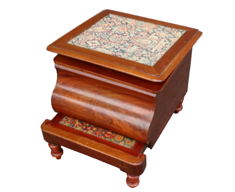 A Victorian mahogany step commode - the hinged lid opening to reveal a ceramic inset, raised on turned legs, 50 x 52 x 48cm.