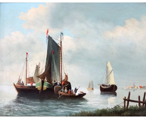 20th Century Dutch School  Vessels Unloading Oil on panel Indistinctly signed lower left Framed Picture size 19 x 24cm Overal