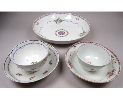 A late 18th century New Hall tea bowl and saucer - together with a larger dish and another tea bowl and saucer (5).