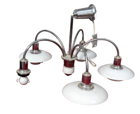 Poul HENNINGSEN (Danish 1897-1967) for Louis Poulsen - a five branch chrome and glass pendant ceiling light, height 44cm, dia