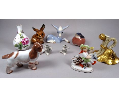 A Royal Copenhagen model of a robin - height 7cm, together with a Royal Copenhagen dog and sundry other figures including a R