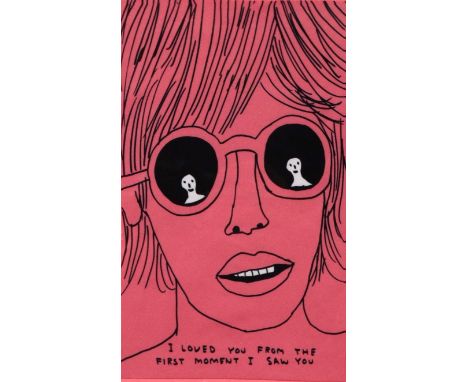 David SHRIGLEY (British b. 1968) I Loved You from the First Moment I Saw You  Print on pink fabric  Framed and glazed  Pictur