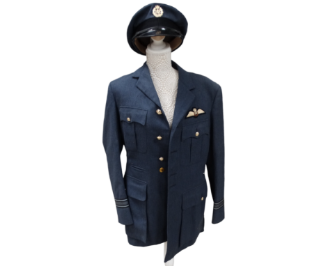 An RAF service dress uniform - with cuff insignia of Squadron Leader, including hat and shoes.