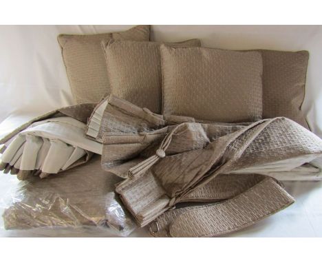 Pair of fully lined curtains with tie backs - drop approximately 205 cm, width 310, pleated top width 80 together with 4 matc