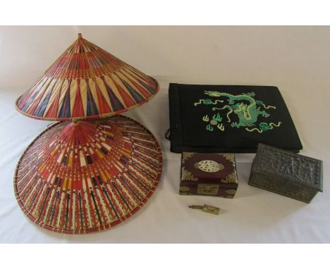Oriental interest - 2 vintage ethnic straw hats from Borneo, photo album containing small selection of black and white photog