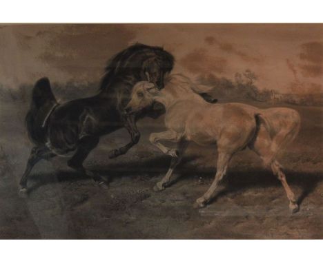 Large Rosa Bonheur signed print depicting two fighting stallions. Frame size 108 by 81cm