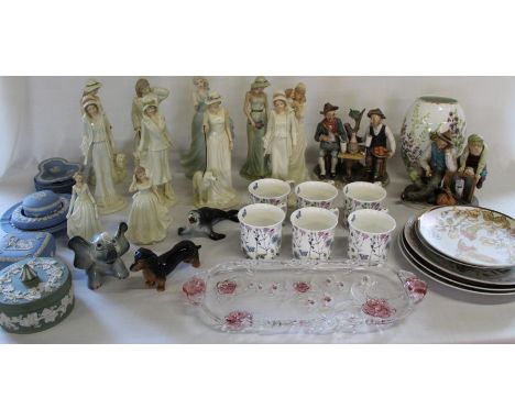 Selection of ceramics including Regal lady figurines, set of 7 Royal Botanical Garden mugs, Jasperware etc.