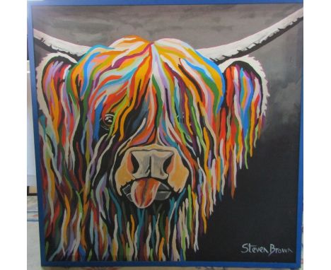Large framed canvas print of a highland cow by Steven Brown 103 cm x 103 cm