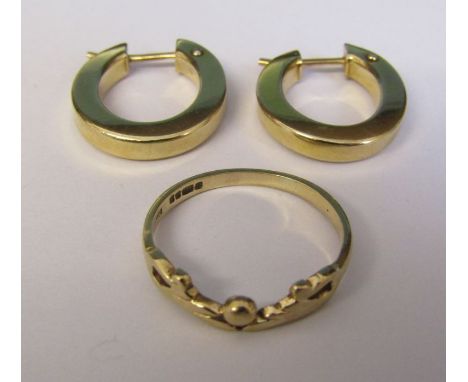 Pair of 9ct gold hoop earrings weight 2.1 g H 16 mm &amp; a 9ct gold ring size K weight 1.1 g