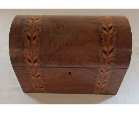 Domed top tea caddy with inlaid decoration L 22.5 cm H 17 cm (no key)
