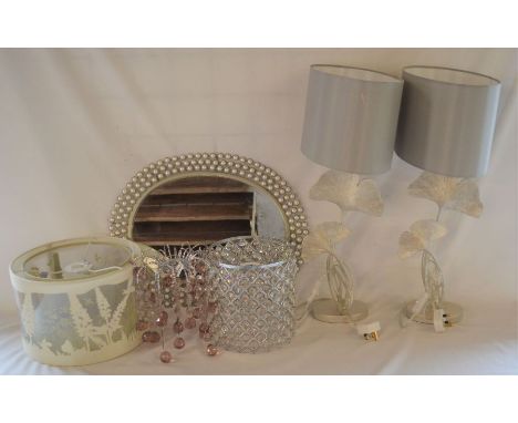 Pair of Laura Ashley lamps, 3 modern light shades &amp; an oval pearl effect wall mirror&nbsp;