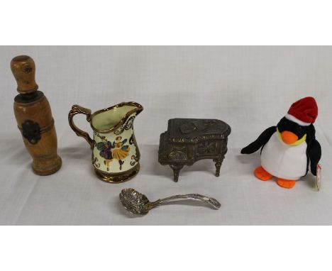 Treen bottle corker, Wade copper lustre jug, EPNS spoon, TY Beanie penguin &amp; grand piano trinket box