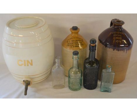 Large gin barrel, stoneware flagons &amp; local bottles including Mark Smith Chemist of Louth, Brumpton Scunthorpe &amp; Mark