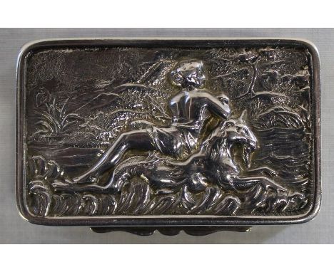 Silver snuff / pill box with foliate thumbpiece and embossed scene depicting Capricorn / a sea goat and a young lady by T H H